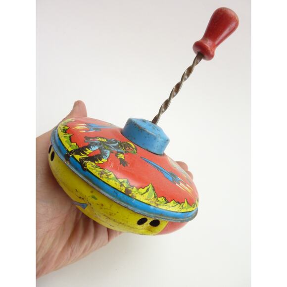 Vintage 1960 Ohio Art Tin 5" Spinning Top Toy Astronaut Space Ship - Picture 4 of 4